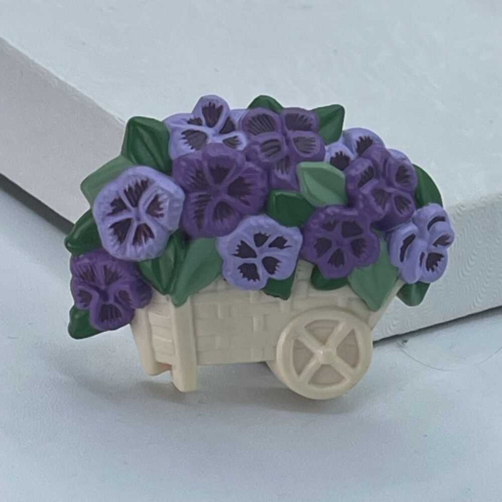 Vintage Hallmark 1980’s purple Pansies in cart brooch